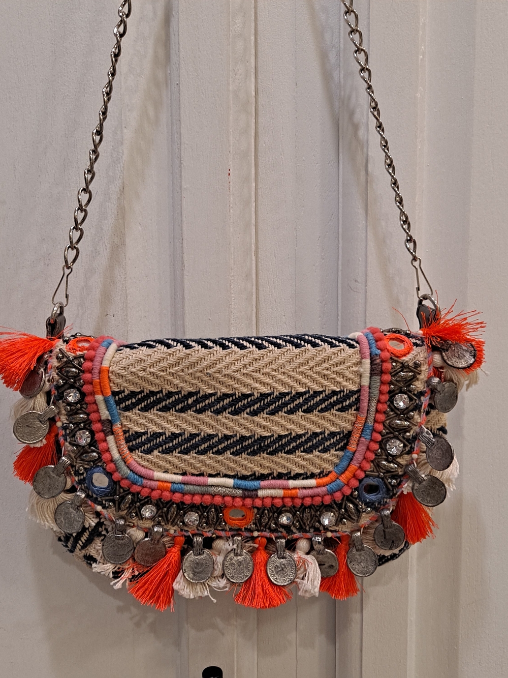 Monsoon Vintage Banjara Cara Tassel Woven Stripe Boho Cotton Clutch Shoulder Bag